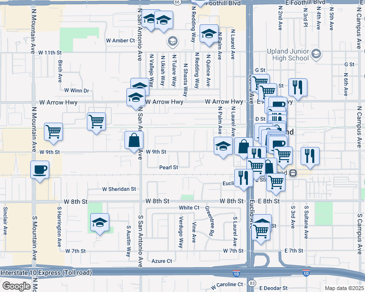 map of restaurants, bars, coffee shops, grocery stores, and more near 435 West 9th Street in Upland