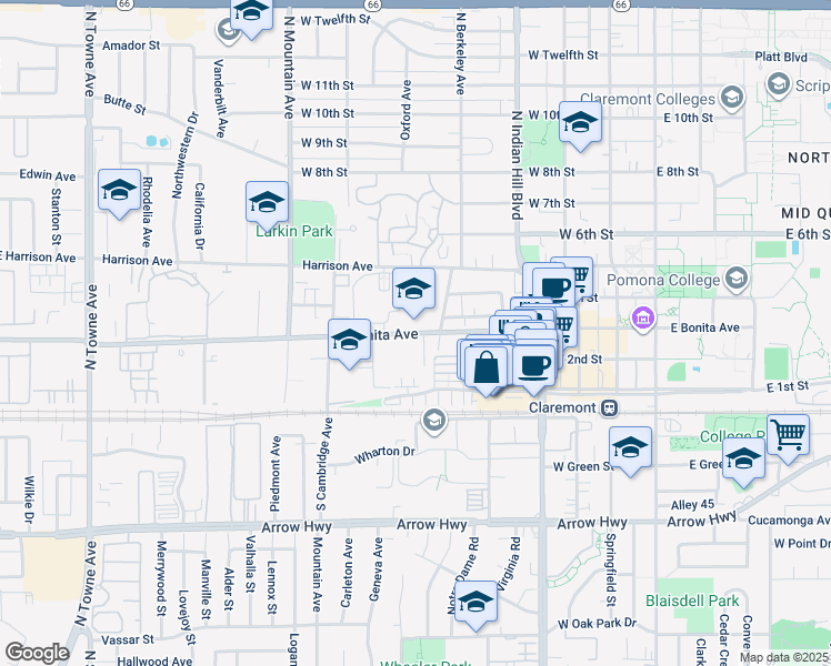 map of restaurants, bars, coffee shops, grocery stores, and more near 611 West Bonita Avenue in Claremont