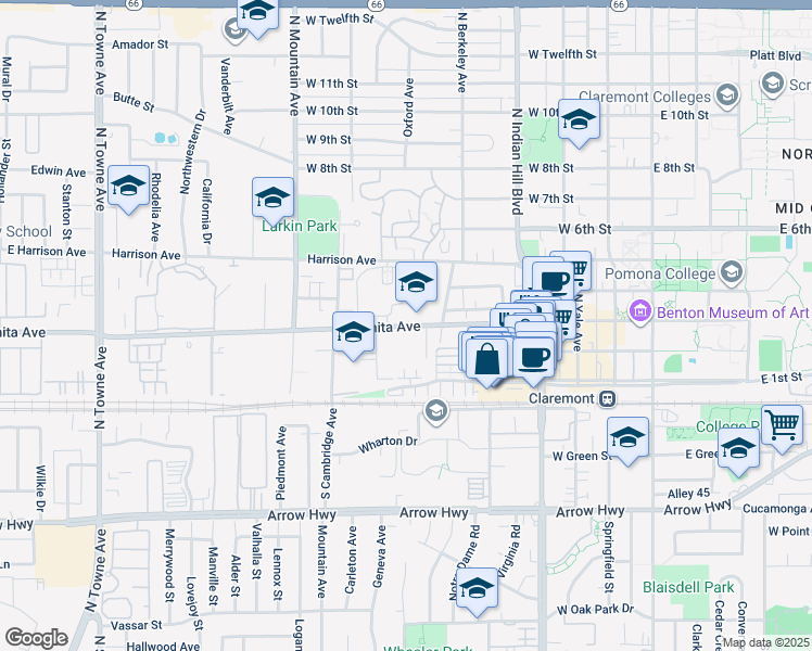 map of restaurants, bars, coffee shops, grocery stores, and more near 611 West Bonita Avenue in Claremont