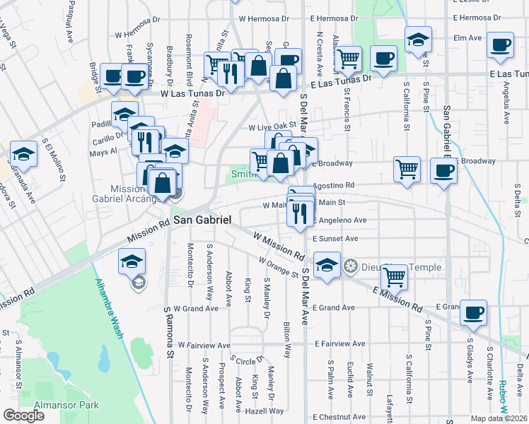 map of restaurants, bars, coffee shops, grocery stores, and more near 224 West Main Street in San Gabriel