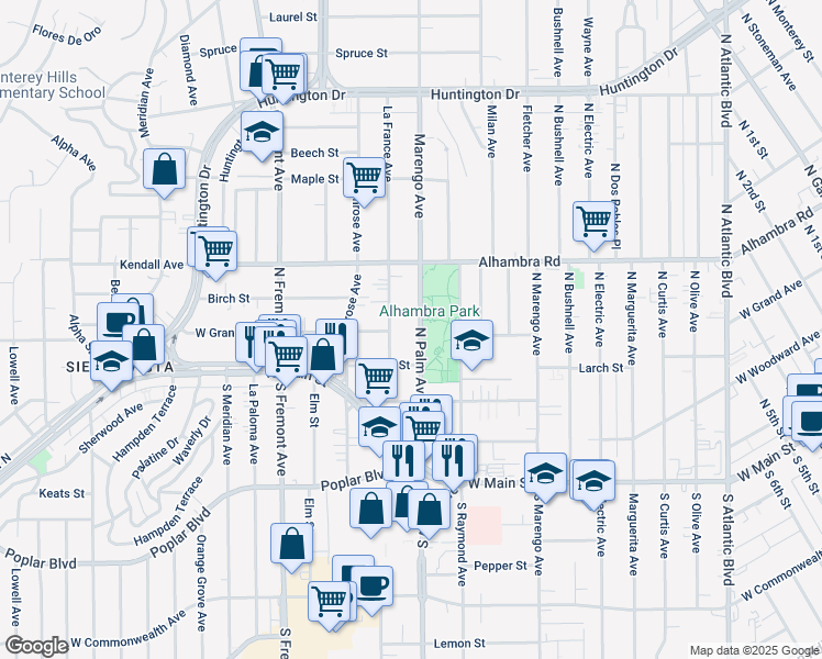 map of restaurants, bars, coffee shops, grocery stores, and more near 308 La France Avenue in Alhambra