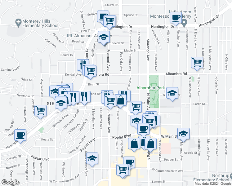 map of restaurants, bars, coffee shops, grocery stores, and more near 2419 West Grand Avenue in Alhambra