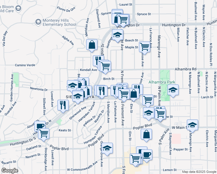 map of restaurants, bars, coffee shops, grocery stores, and more near 2703 West Grand Avenue in Alhambra