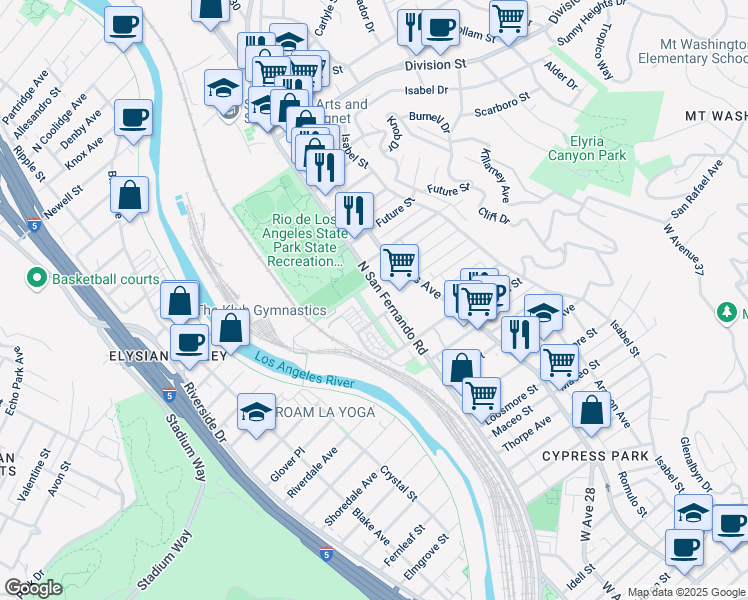 map of restaurants, bars, coffee shops, grocery stores, and more near 1545 North San Fernando Road in Los Angeles