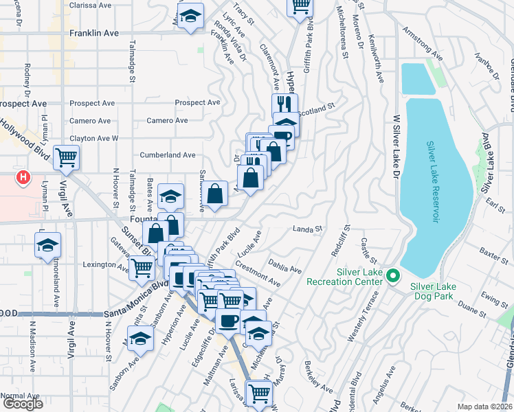 map of restaurants, bars, coffee shops, grocery stores, and more near 1834 Griffith Park Boulevard in Los Angeles