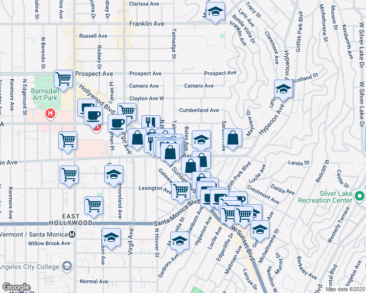 map of restaurants, bars, coffee shops, grocery stores, and more near 1322 Talmadge Street in Los Angeles