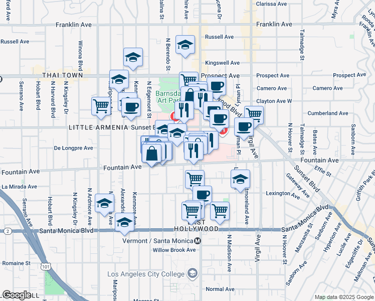 map of restaurants, bars, coffee shops, grocery stores, and more near 1335 North New Hampshire Avenue in Los Angeles