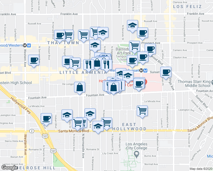 map of restaurants, bars, coffee shops, grocery stores, and more near 1339 1/2 North Kenmore Avenue in Los Angeles