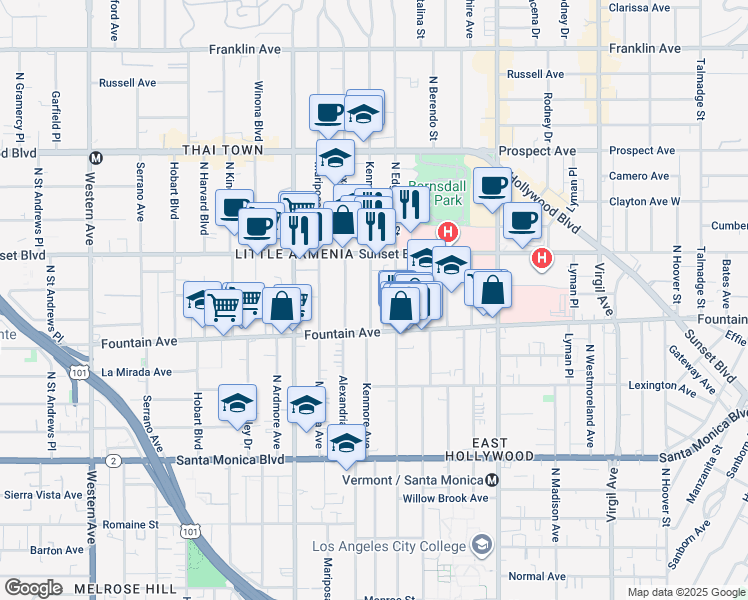 map of restaurants, bars, coffee shops, grocery stores, and more near 1337 North Kenmore Avenue in Los Angeles