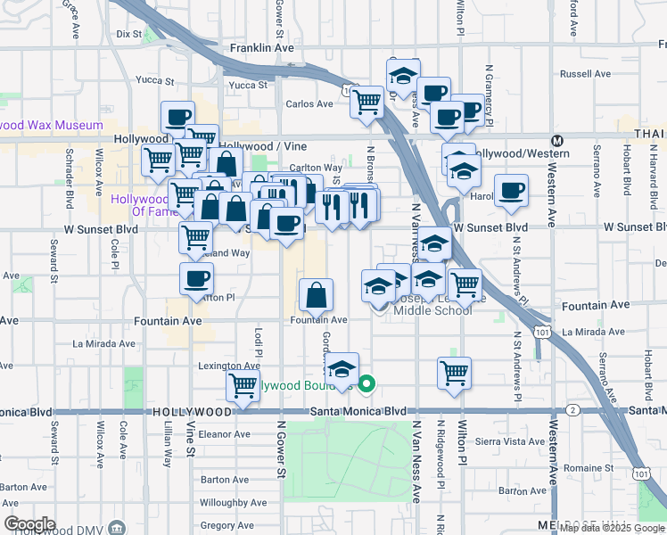 map of restaurants, bars, coffee shops, grocery stores, and more near 1428 Gordon Street in Los Angeles