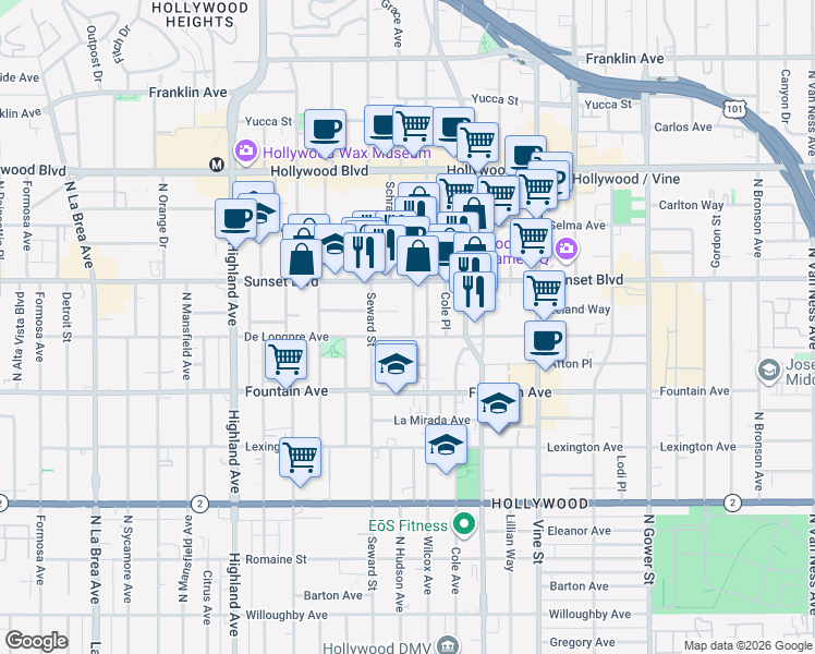map of restaurants, bars, coffee shops, grocery stores, and more near 1415 North Hudson Avenue in Los Angeles