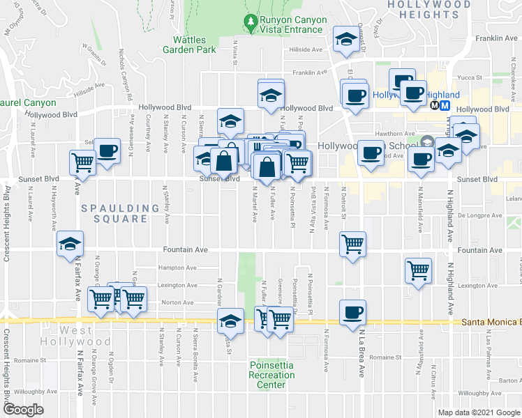 map of restaurants, bars, coffee shops, grocery stores, and more near 1411 North Fuller Avenue in Los Angeles