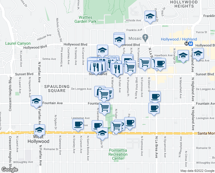 map of restaurants, bars, coffee shops, grocery stores, and more near 1416 North Vista Street in Los Angeles