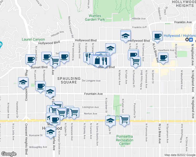 map of restaurants, bars, coffee shops, grocery stores, and more near 1411 North Sierra Bonita Avenue in Los Angeles