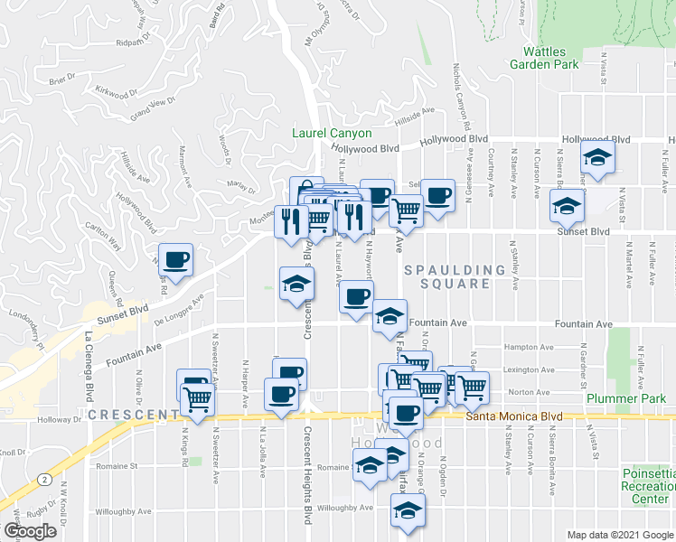 map of restaurants, bars, coffee shops, grocery stores, and more near 1401 North Laurel Avenue in West Hollywood