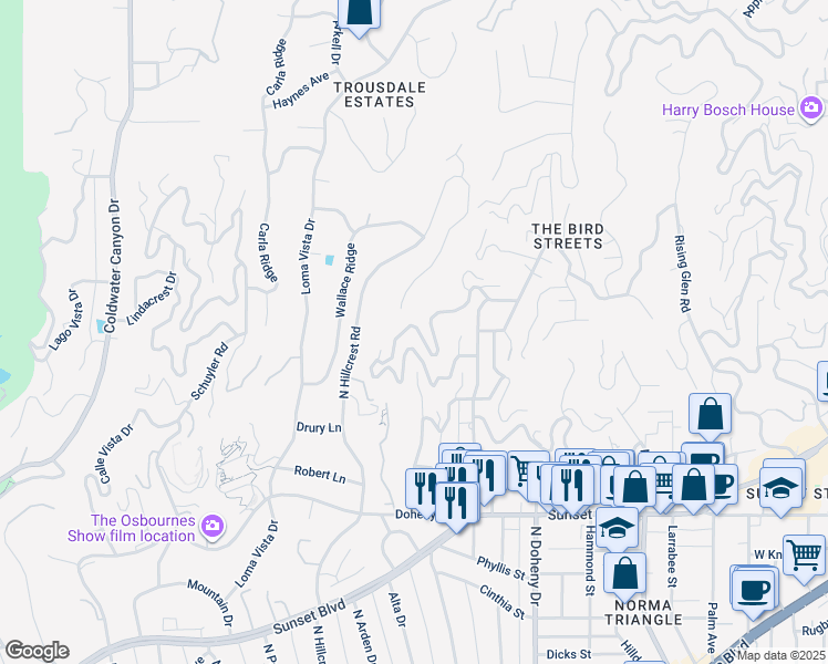 map of restaurants, bars, coffee shops, grocery stores, and more near 9410 Flicker Way in Los Angeles