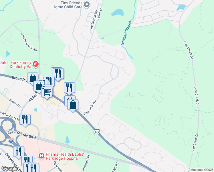 map of restaurants, bars, coffee shops, grocery stores, and more near 216 Riverwalk Way in Irmo