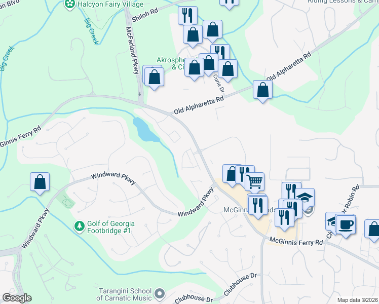 map of restaurants, bars, coffee shops, grocery stores, and more near 13045 Dartmore Avenue in Alpharetta