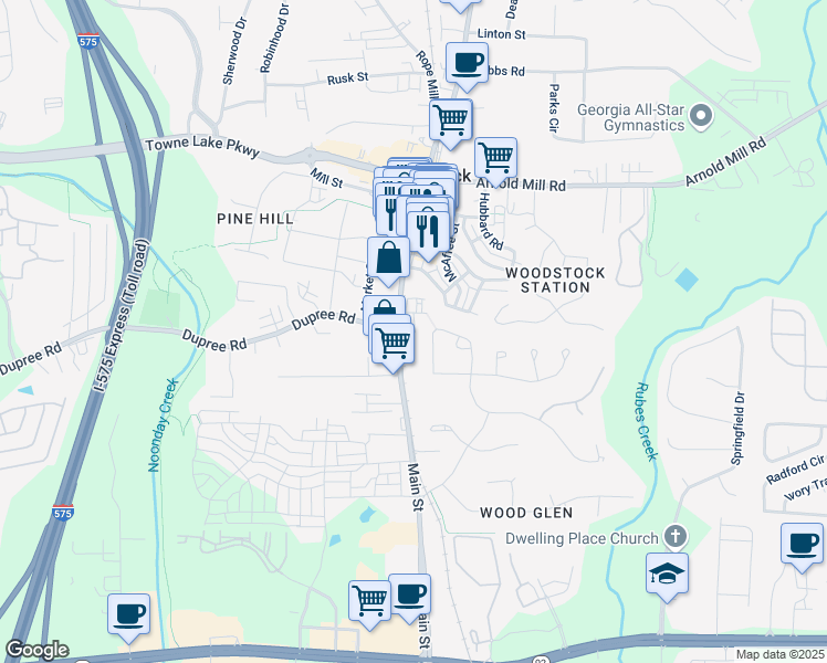 map of restaurants, bars, coffee shops, grocery stores, and more near 8859 Main Street in Woodstock
