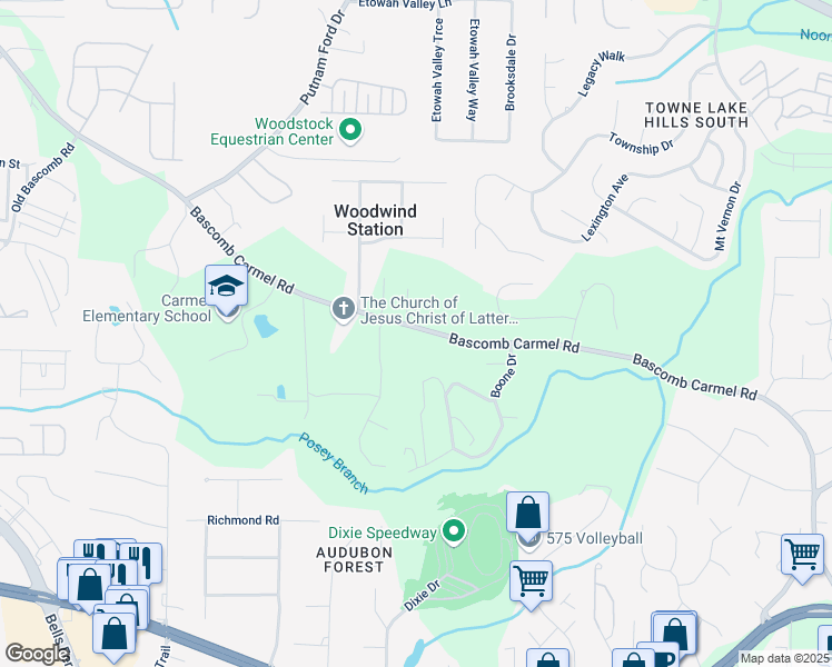 map of restaurants, bars, coffee shops, grocery stores, and more near 2173 Bascomb Carmel Road in Woodstock