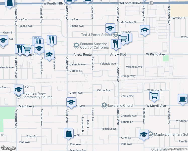 map of restaurants, bars, coffee shops, grocery stores, and more near 17906 Orange Way in Fontana