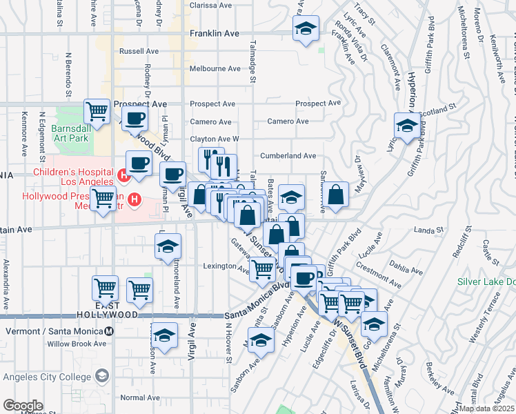 map of restaurants, bars, coffee shops, grocery stores, and more near 1322 Talmadge Street in Los Angeles