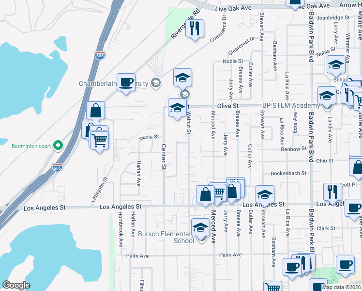 map of restaurants, bars, coffee shops, grocery stores, and more near 13640 Benwood Street in Baldwin Park