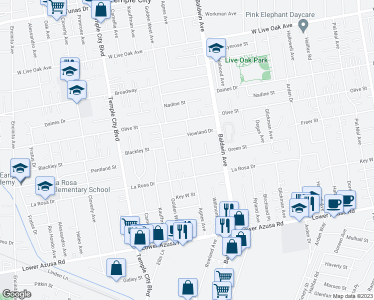 map of restaurants, bars, coffee shops, grocery stores, and more near 5219 Agnes Avenue in Temple City