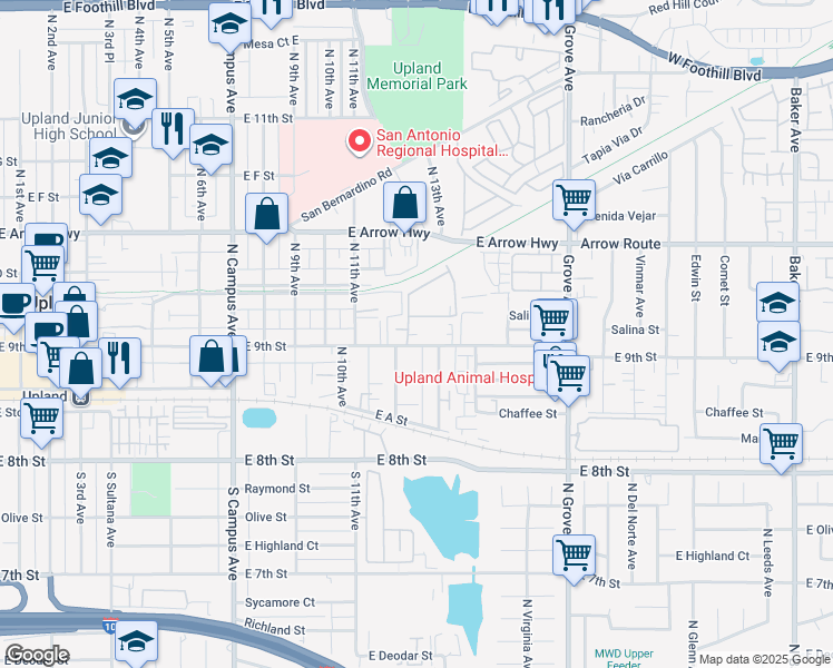 map of restaurants, bars, coffee shops, grocery stores, and more near 1241 East 9th Street in Upland