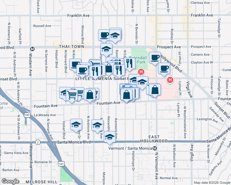 map of restaurants, bars, coffee shops, grocery stores, and more near 1339 1/2 North Kenmore Avenue in Los Angeles