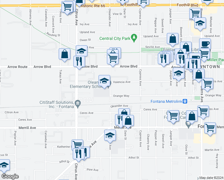 map of restaurants, bars, coffee shops, grocery stores, and more near 8657 Oleander Avenue in Fontana