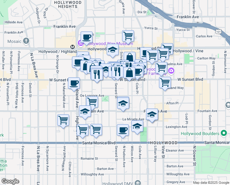 map of restaurants, bars, coffee shops, grocery stores, and more near 1403 Seward Street in Los Angeles