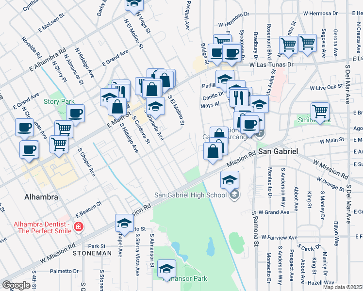 map of restaurants, bars, coffee shops, grocery stores, and more near 920 East Arroyo Terrace in Alhambra