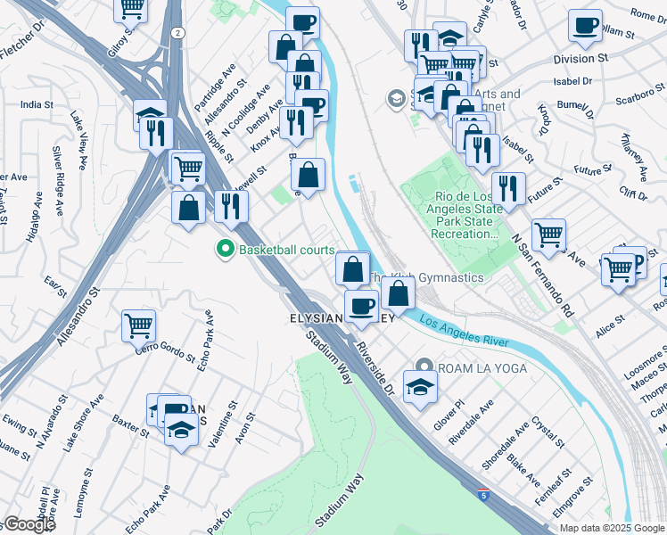 map of restaurants, bars, coffee shops, grocery stores, and more near 1771 Blake Avenue in Los Angeles