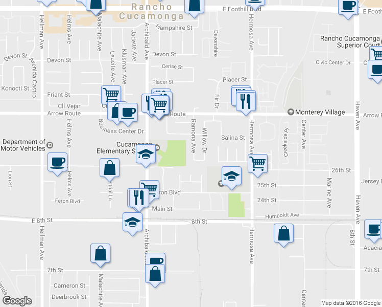 map of restaurants, bars, coffee shops, grocery stores, and more near 8657 Ramona Avenue in Rancho Cucamonga
