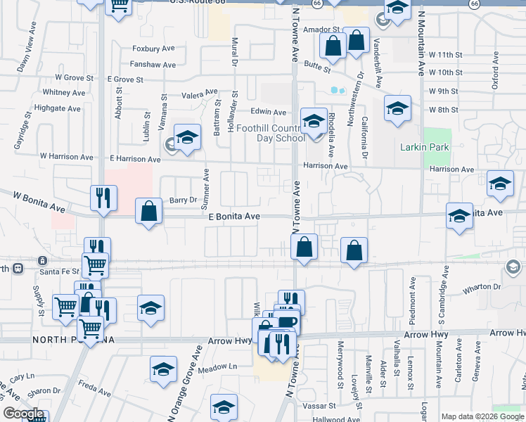 map of restaurants, bars, coffee shops, grocery stores, and more near 661 Alderbery Lane in Pomona