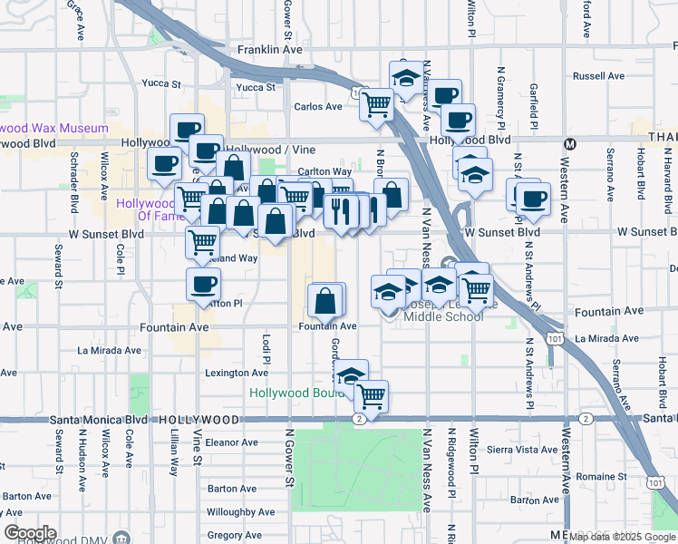 map of restaurants, bars, coffee shops, grocery stores, and more near 1428 Gordon Street in Los Angeles