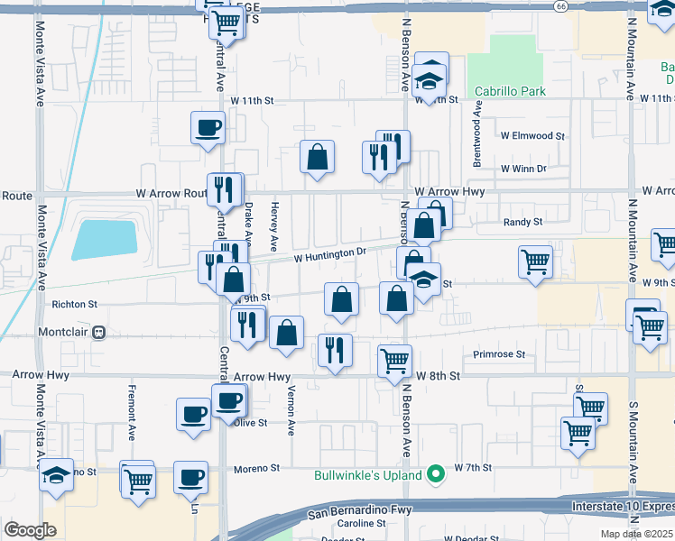map of restaurants, bars, coffee shops, grocery stores, and more near 1750 West Huntington Drive in Upland