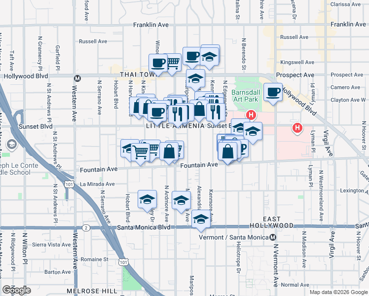 map of restaurants, bars, coffee shops, grocery stores, and more near 1342 North Mariposa Avenue in Los Angeles