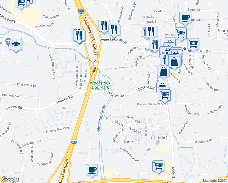 map of restaurants, bars, coffee shops, grocery stores, and more near 132 Dupree Road in Woodstock