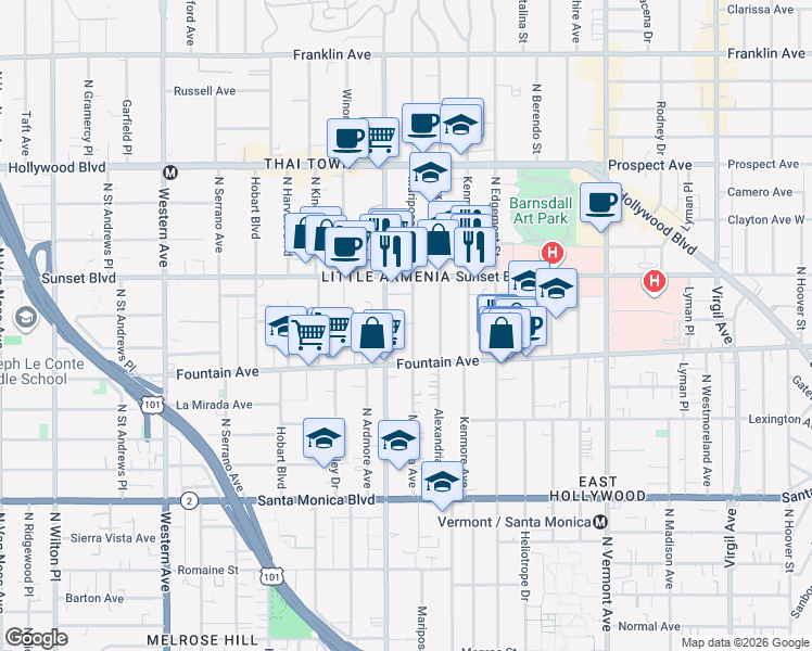 map of restaurants, bars, coffee shops, grocery stores, and more near 1341 Mariposa Avenue in Los Angeles