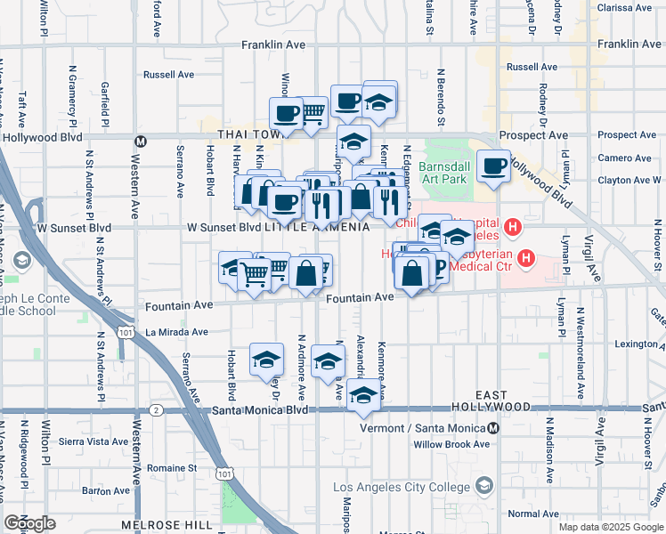 map of restaurants, bars, coffee shops, grocery stores, and more near 1341 Mariposa Avenue in Los Angeles