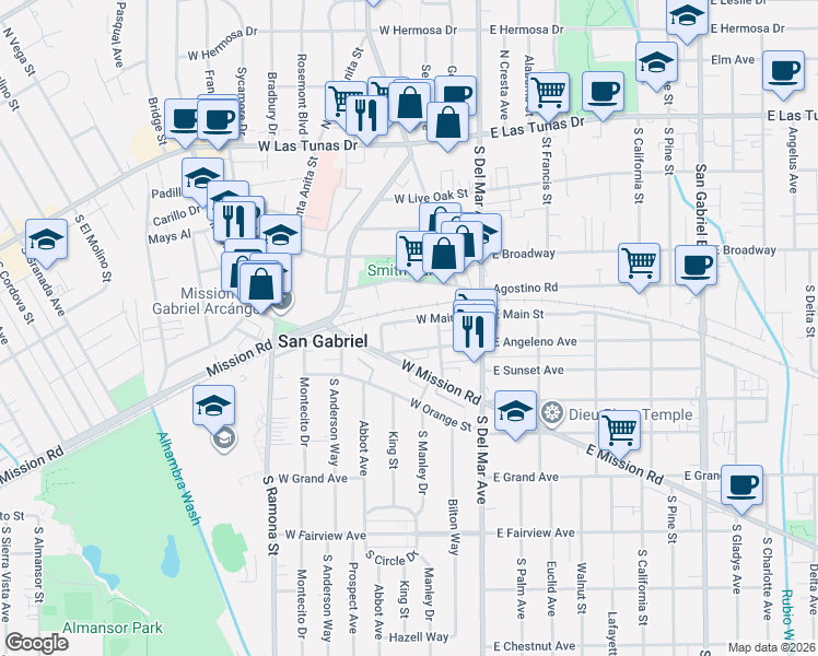 map of restaurants, bars, coffee shops, grocery stores, and more near 224 West Main Street in San Gabriel