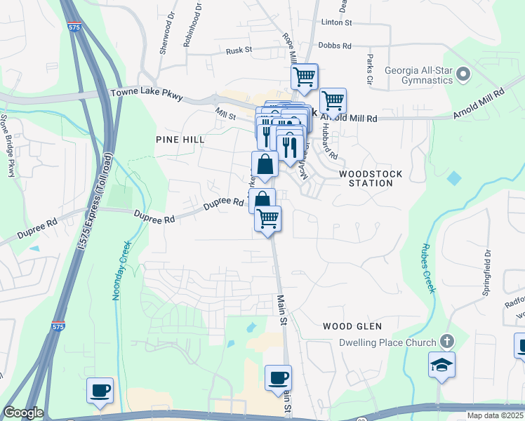 map of restaurants, bars, coffee shops, grocery stores, and more near 8910 Main Street in Woodstock