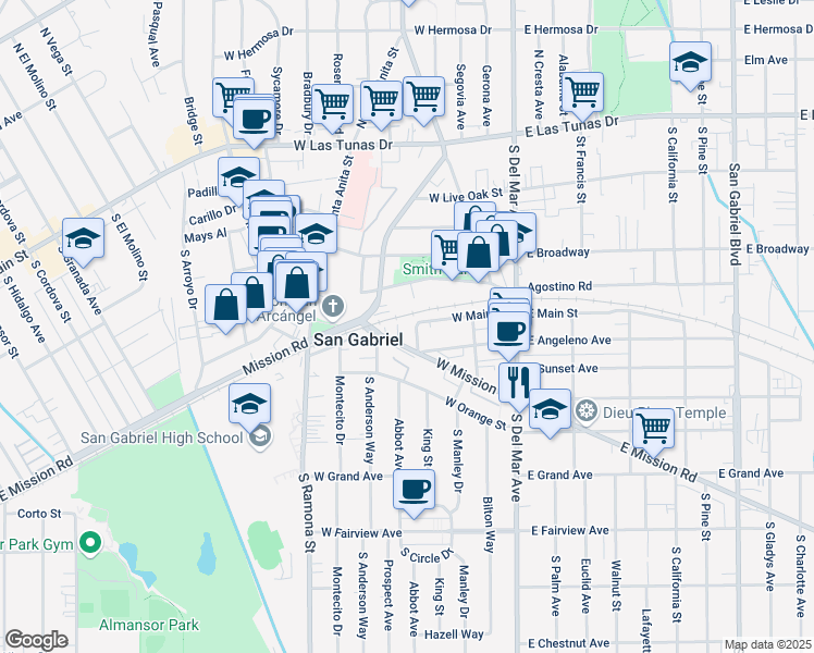 map of restaurants, bars, coffee shops, grocery stores, and more near 429 Madera Street in San Gabriel