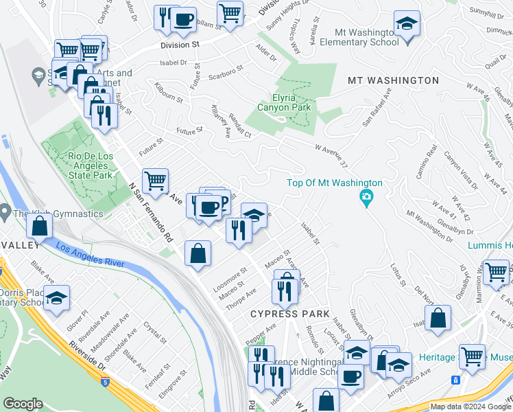 map of restaurants, bars, coffee shops, grocery stores, and more near 3440 Alice Street in Los Angeles
