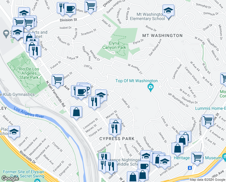 map of restaurants, bars, coffee shops, grocery stores, and more near Isabel Street in Los Angeles