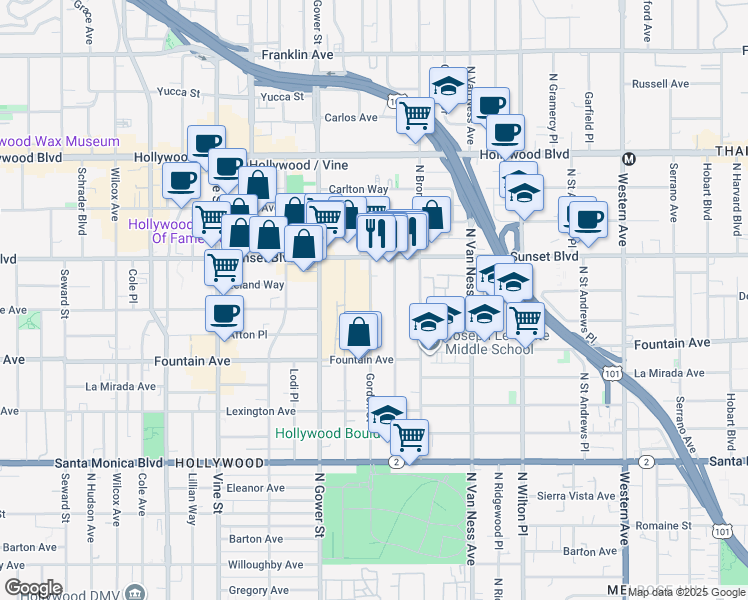 map of restaurants, bars, coffee shops, grocery stores, and more near 1428 Gordon Street in Los Angeles