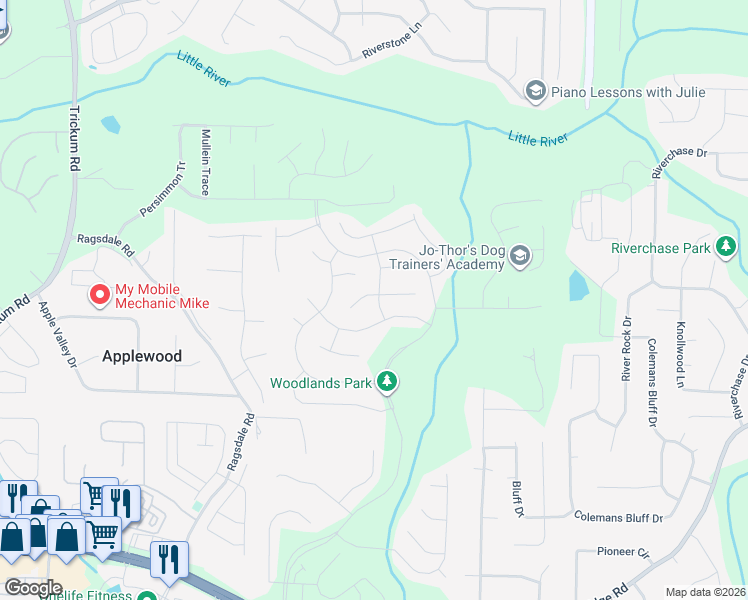 map of restaurants, bars, coffee shops, grocery stores, and more near 807 Lazarus Drive in Woodstock