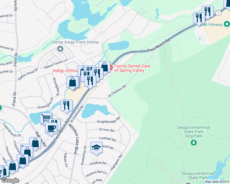 map of restaurants, bars, coffee shops, grocery stores, and more near 400 North Chelsea Road in Columbia